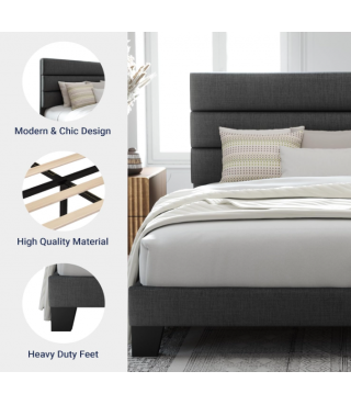Full Size Platform Bed Frame with Fabric Upholstered Headboard and Wooden Slats Support