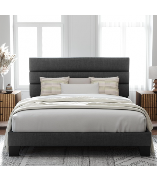 Full Size Platform Bed Frame with Fabric Upholstered Headboard and Wooden Slats Support